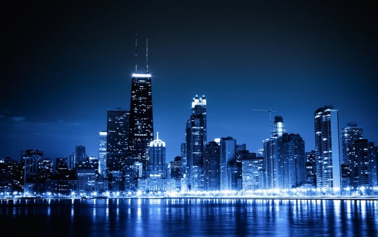 ночь, чикаго, синие огни, сhicago, night, chicago, blue lights