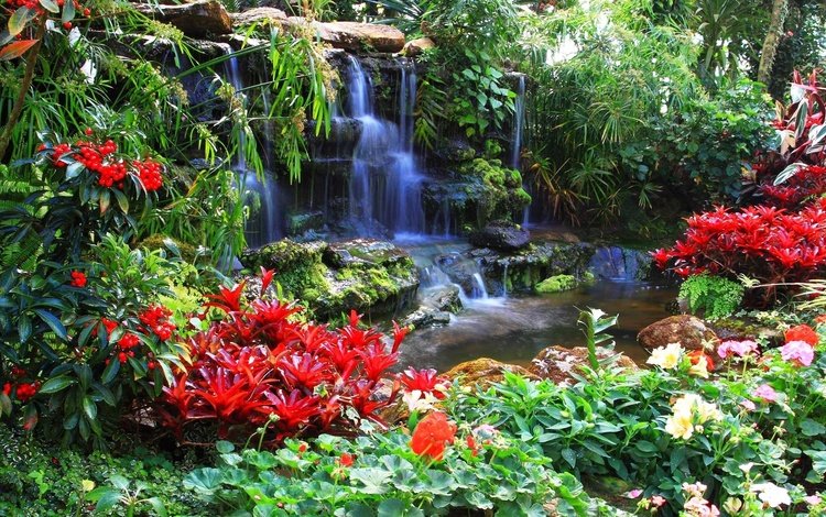 цветы, зелень, пейзаж, парк, лето, водопад, сад, flowers, greens, landscape, park, summer, waterfall, garden