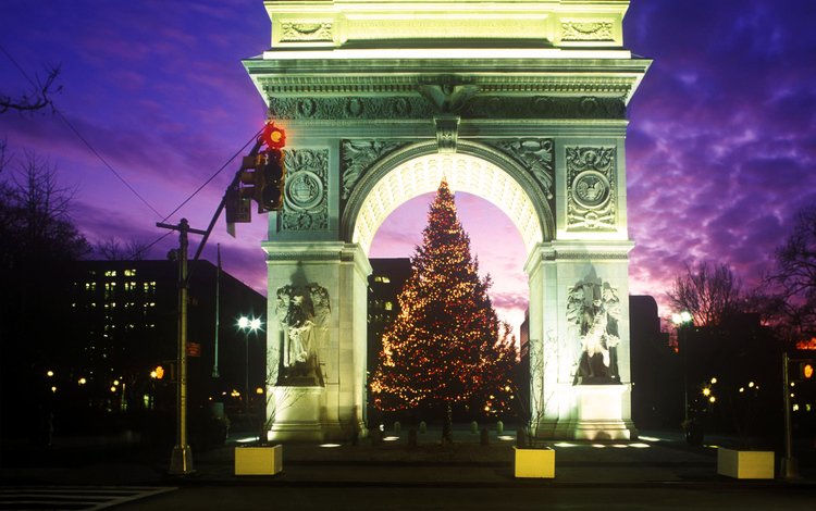 ночь, огни, елка, арка, рождество, night, lights, tree, arch, christmas