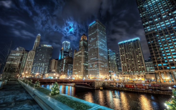 небо, ночь, огни, город, небоскребы, чикаго, the sky, night, lights, the city, skyscrapers, chicago