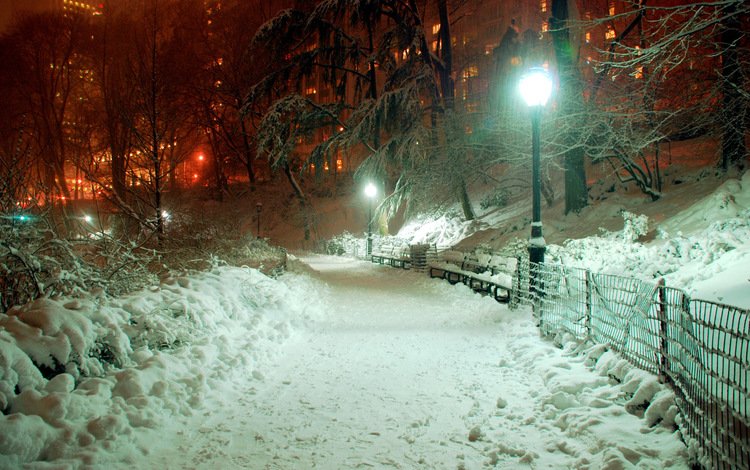 снег, зима, дорожка, город, фонарь, snow, winter, track, the city, lantern