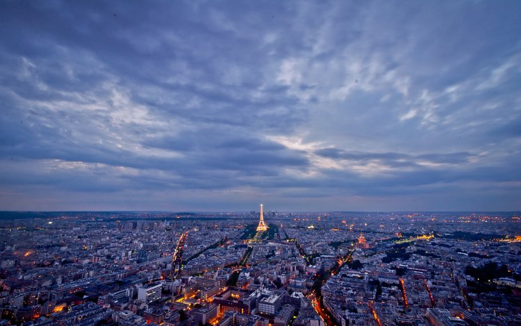 небо, облака, огни, город, париж, франция, the sky, clouds, lights, the city, paris, france
