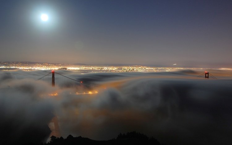 ночь, туман, мост, город, луна, night, fog, bridge, the city, the moon