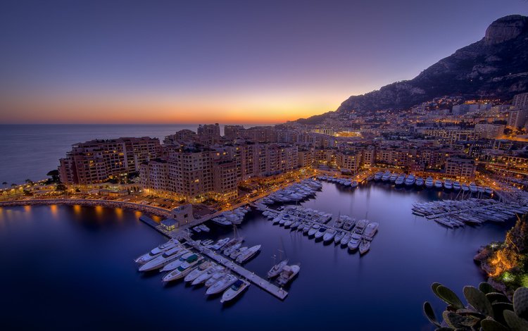 монте-карло, ночь, огни, море, город, лодки, причал, залив, монако, monte carlo, night, lights, sea, the city, boats, pier, bay, monaco