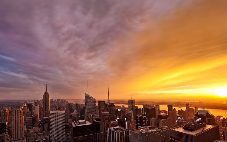 закат, вид сверху, небоскребы, нью-йорк, sunset, the view from the top, skyscrapers, new york