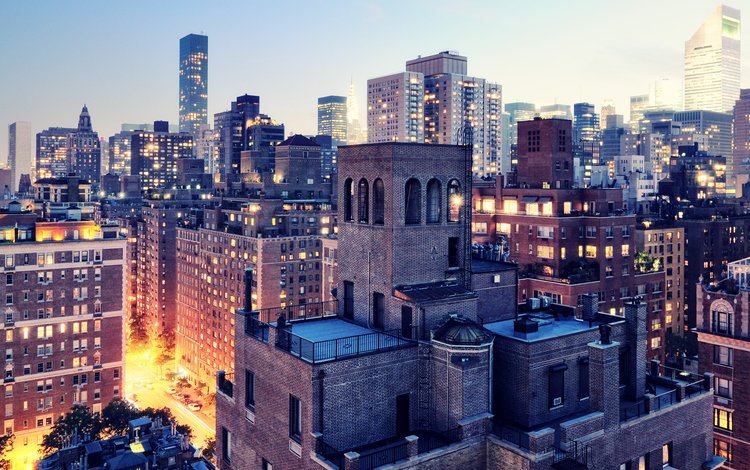 огни, город, небоскребы, нью-йорк, здания, сумерки, lights, the city, skyscrapers, new york, building, twilight