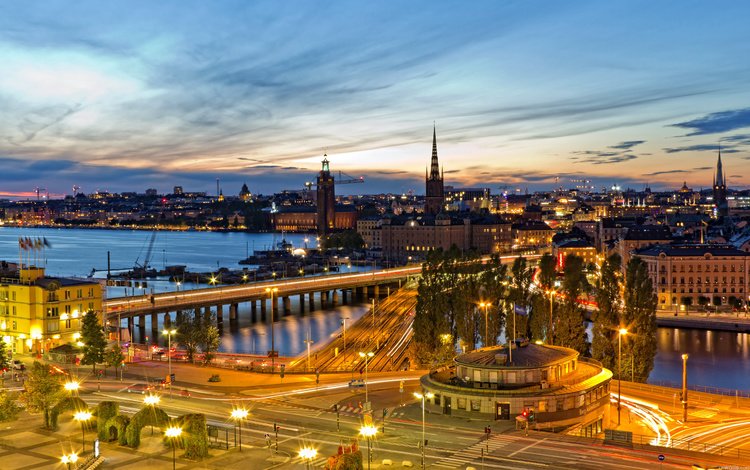 река, ночной город, мосты, стокгольм, швеции, river, night city, bridges, stockholm, sweden