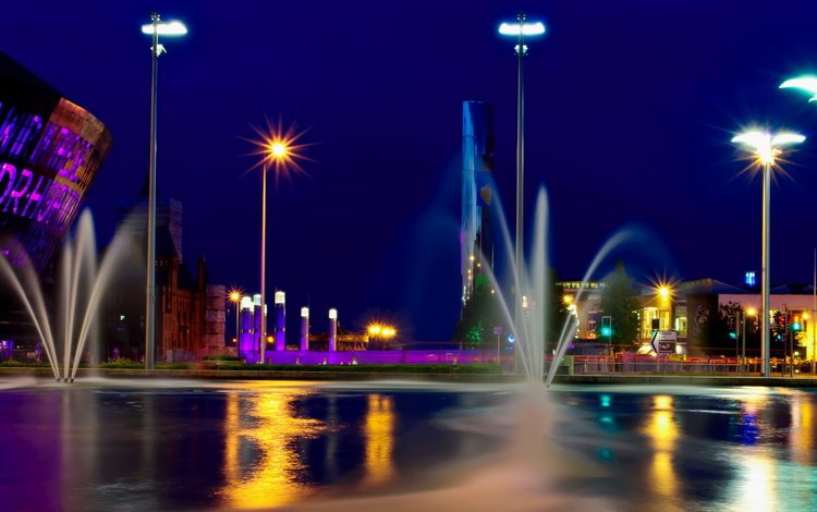 ночь, фонари, город, фонтан, night, lights, the city, fountain