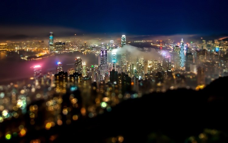панорама, боке, иллюминация, город, небоскребы, залив, китай, гон-конг, ночные огни, panorama, bokeh, illumination, the city, skyscrapers, bay, china, hong kong, night lights