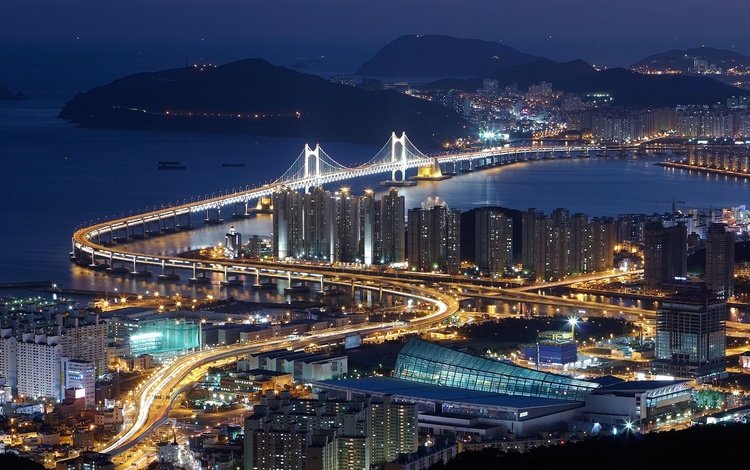 дорога, ночь, огни, мост, залив, южная корея, пусан, гванган, road, night, lights, bridge, bay, south korea, pusan