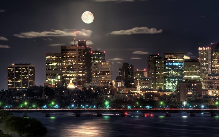 ночь, бостон, огни, полнолучие, мост, город, луна, небоскребы, сша, здания, night, boston, lights, polnomochii, bridge, the city, the moon, skyscrapers, usa, building