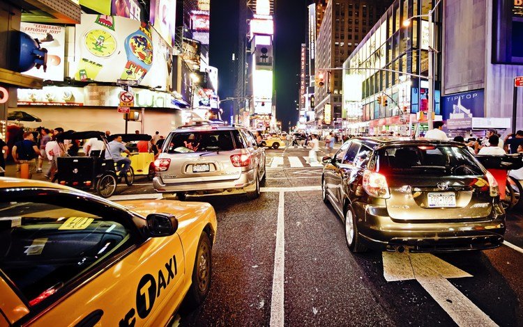 дорога, ночь, улица, нью-йорк, машины, такси, road, night, street, new york, machine, taxi
