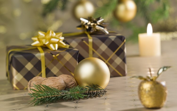 ветка, коробки, новый год, грецкий орех, зима, банты, подарки, упаковки, елочный шар, ель, свечка, праздник, ленты, branch, box, new year, walnut, winter, bows, gifts, spruce, candle, holiday, tape