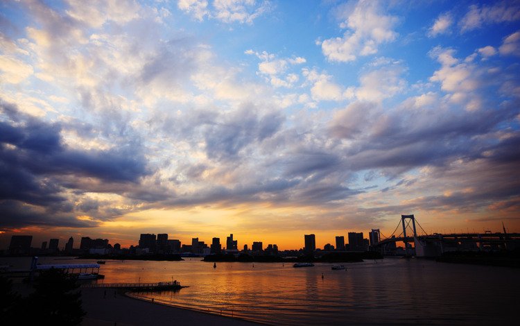 небо, облака, море, мост, япония, токио, the sky, clouds, sea, bridge, japan, tokyo