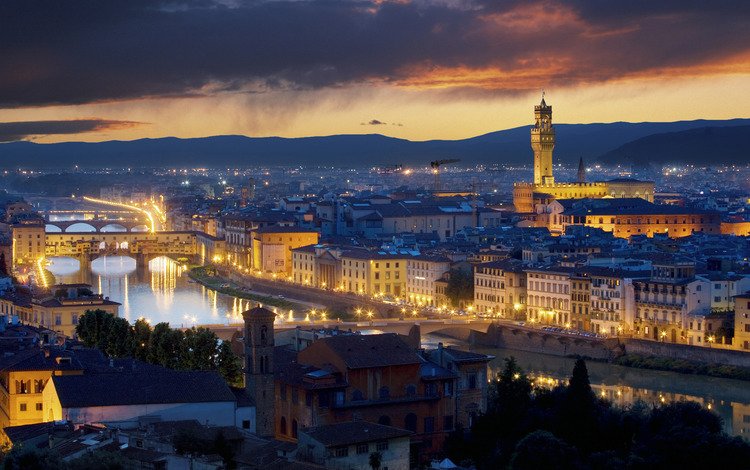 ночь, огни, италия, флоренция, мосты, палаццо веккьо, night, lights, italy, florence, bridges, palazzo vecchio