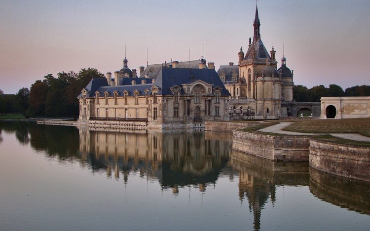 вода, отражение, замок, франция, замок шантийи, water, reflection, castle, france, chantilly castle
