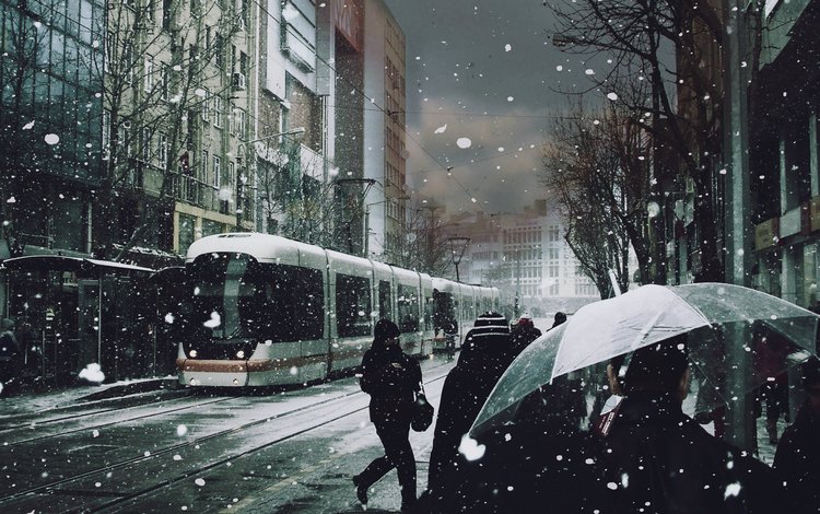 снег, люди, трамвай, зонты, snow, people, tram, umbrellas