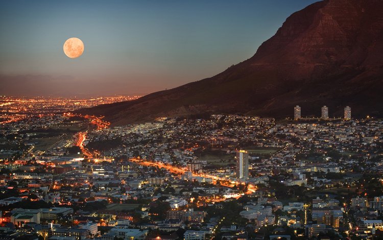свет, огни, горы, луна, мегаполис, юар, кейптаун, light, lights, mountains, the moon, megapolis, south africa, cape town