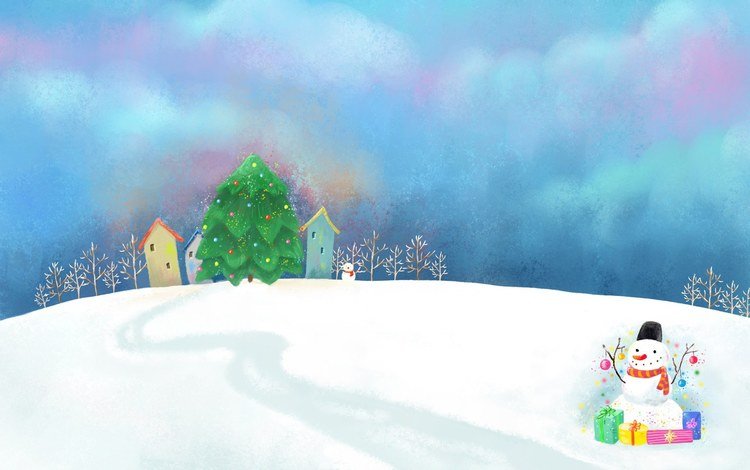 арт, снег, новый год, елка, дома, снеговик, праздник, art, snow, new year, tree, home, snowman, holiday