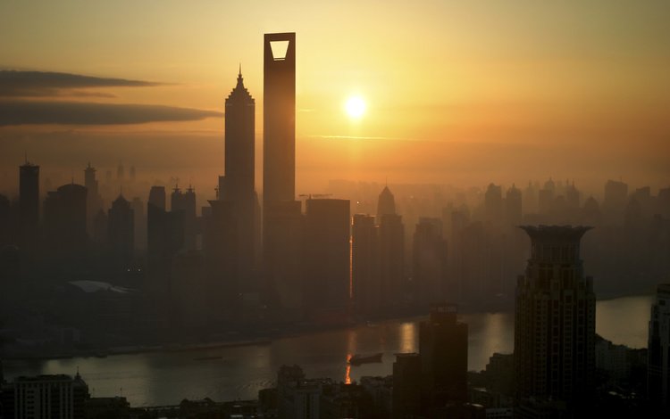 солнце, небоскребы, шанхай, мегаполис, the sun, skyscrapers, shanghai, megapolis