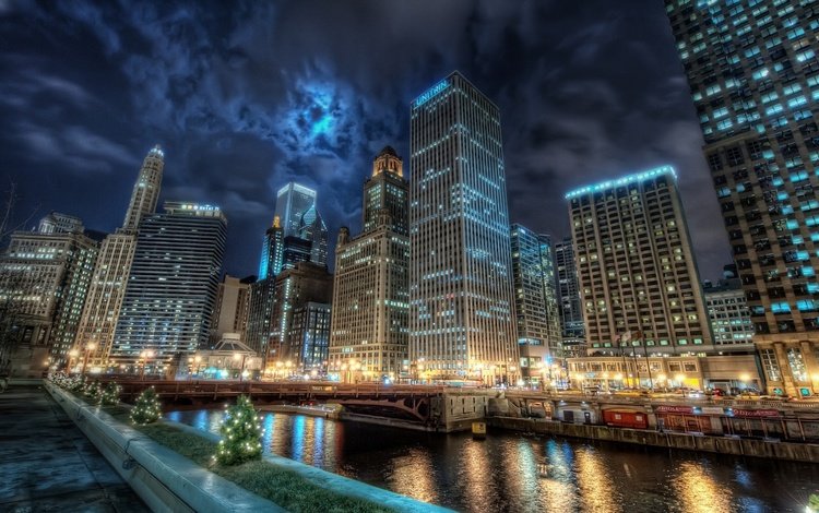 река, мост, небоскребы, ночной город, чикаго, river, bridge, skyscrapers, night city, chicago