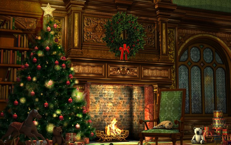 новый год, елка, зима, шарики, камин, рождество, new year, tree, winter, balls, fireplace, christmas