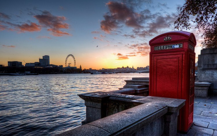 река, лондон, колесо обозрения, англия, телефонная будка, river, london, ferris wheel, england, phone booth