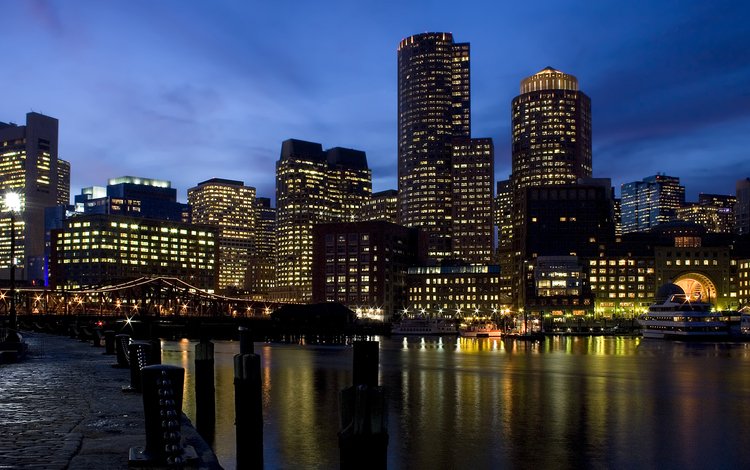 река, небоскребы, ночной город, сша, бостон, городской пейзаж, штат массачусетс, river, skyscrapers, night city, usa, boston, the urban landscape, massachusetts