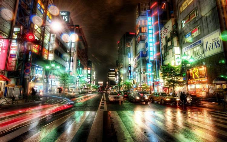 дорога, ночь, город, машины, здания, японии, ночной, токио, road, night, the city, machine, building, japan, tokyo