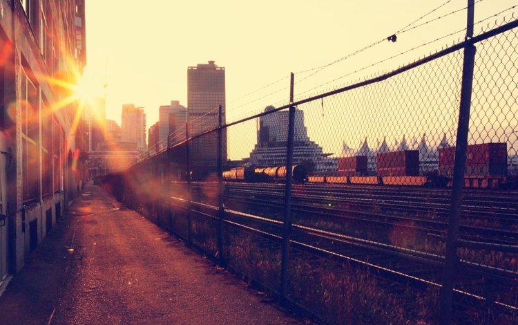железная дорога, закат, город, railroad, sunset, the city