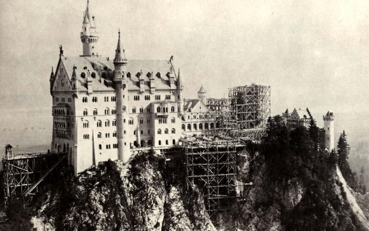 замок, чёрно-белое, германия, нойшванштайн, стройка, castle, black and white, germany, neuschwanstein, construction