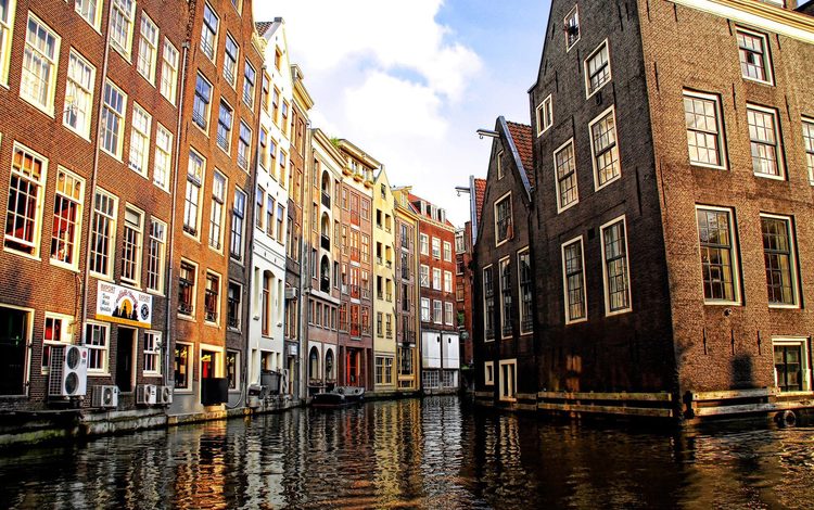 канал, дома, нидерланды, амстердам, голубое небо, channel, home, netherlands, amsterdam, blue sky