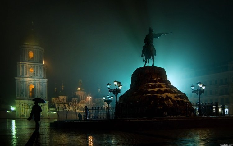 ночь, дождь, памятник, площадь, украина, киев, хмельницкому, night, rain, monument, area, ukraine, kiev, khmelnitsky
