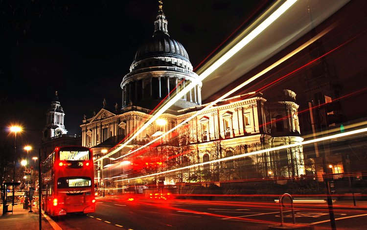 ночь, огни, лондон, автобус, night, lights, london, bus