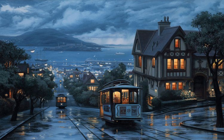 рисунок, горы, море, город, дома, трамвай, после дождя, figure, mountains, sea, the city, home, tram, after the rain