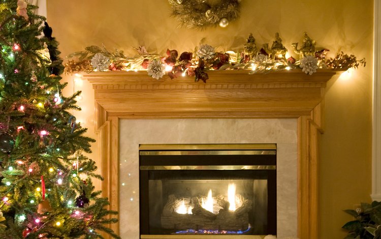 новый год, елка, зима, камин, рождество, гирлянда, уют, new year, tree, winter, fireplace, christmas, garland, comfort
