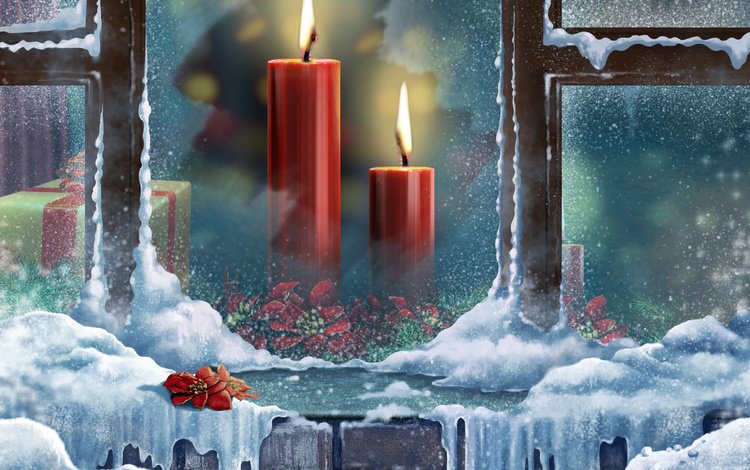 снег, свечи, новый год, зима, окно, рождество, snow, candles, new year, winter, window, christmas