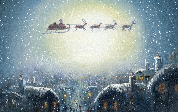 снег, сочельник, новый год, новогодние олени, зима, домики, олени, рождество, сказка, санта клаус, snow, christmas eve, new year, christmas reindeer, winter, houses, deer, christmas, tale, santa claus