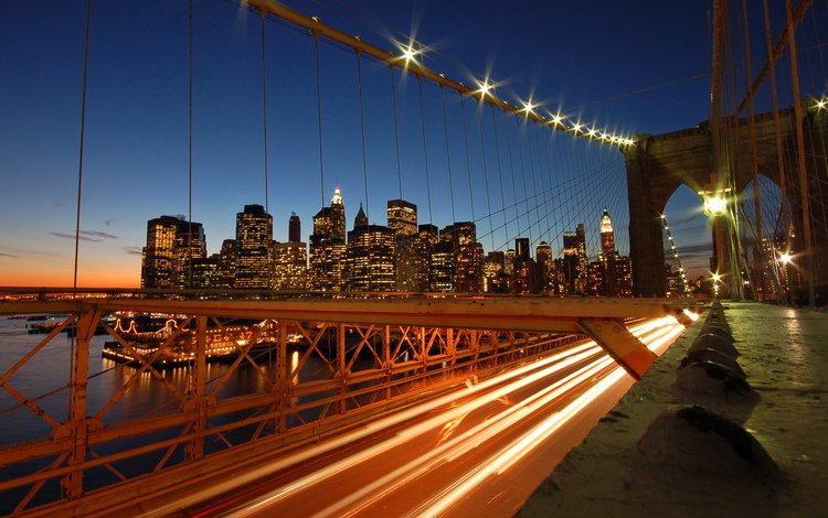 огни, замедленная съемка, вечер, закат, вид, мост, город, небоскребы, бруклинский мост, lights, the evening, sunset, view, bridge, the city, skyscrapers, brooklyn bridge