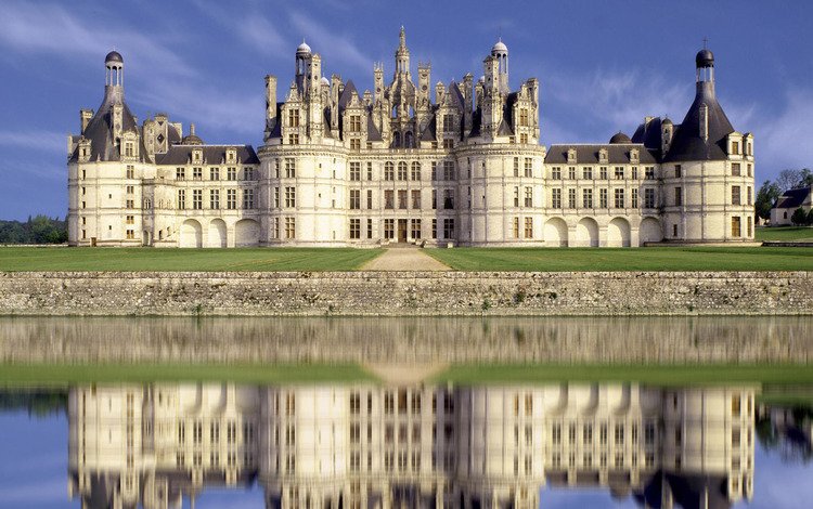 замок, франция, отражение в воде, замок шамбор, castle, france, the reflection in the water, chambord castle