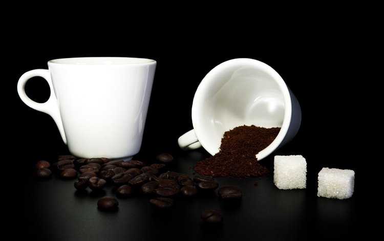 зерна, кофе, черный фон, кофейные, сахар, белая кружка, молотый кофе, grain, coffee, black background, sugar, white mug, ground coffee