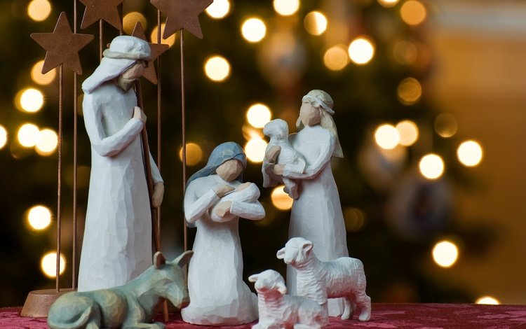 огни, статуэтки, елка, люди, фигурки, праздник, рождество, овечки, волхвы, lights, figurines, tree, people, figures, holiday, christmas, sheep, the magi