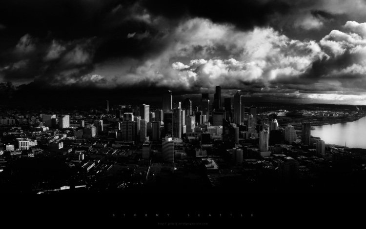 небо, облака, чёрно-белое, небоскребы, the sky, clouds, black and white, skyscrapers