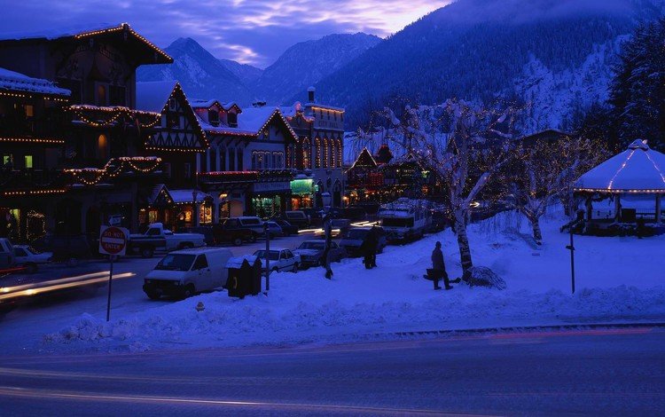 вечер, горы, зима, городок, the evening, mountains, winter, town