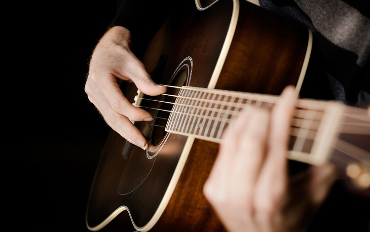 гитара, струны, черный фон, руки, guitar, strings, black background, hands