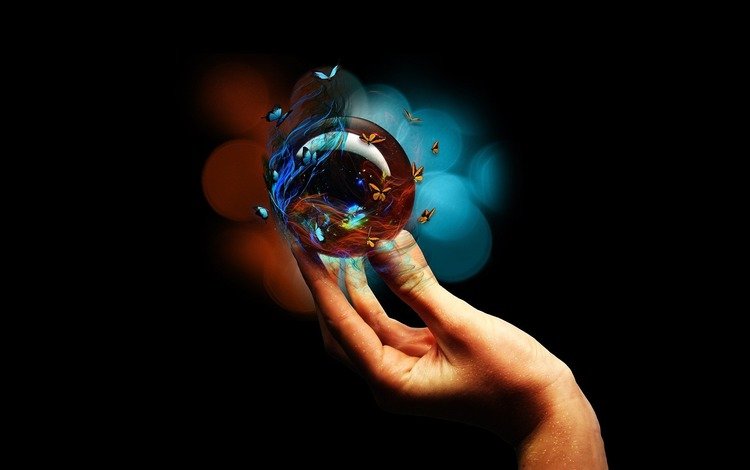 рука, черный фон, бабочки, пальцы, стеклянный шар, hand, black background, butterfly, fingers, glass globe