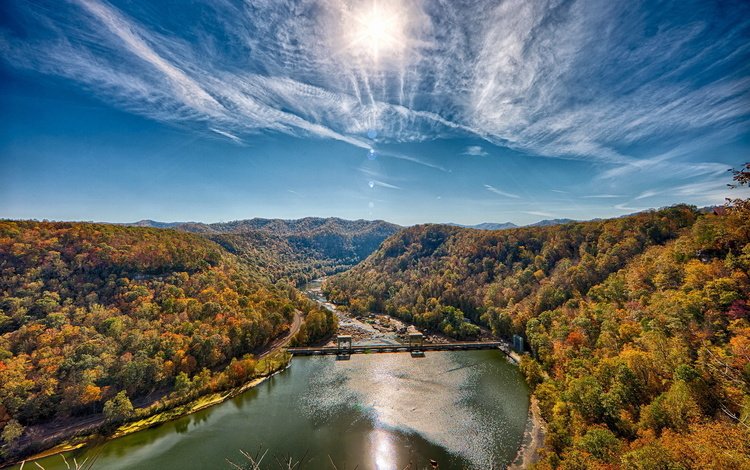 небо, облака, река, горы, лес, плотина, the sky, clouds, river, mountains, forest, dam