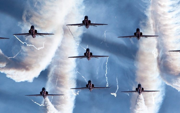 небо, дым, самолеты, строй, фигуры высшего пилотажа, the sky, smoke, aircraft, stroy, aerobatics