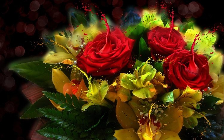 цветы, розы, краски, блики, листочки, букет, rozy, buket, bryzgi, flowers, roses, paint, glare, leaves, bouquet