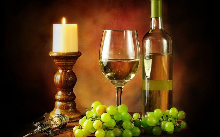 виноград, бокал, вино, свеча, бутылка, белое вино, штопор, grapes, glass, wine, candle, bottle, white wine, corkscrew